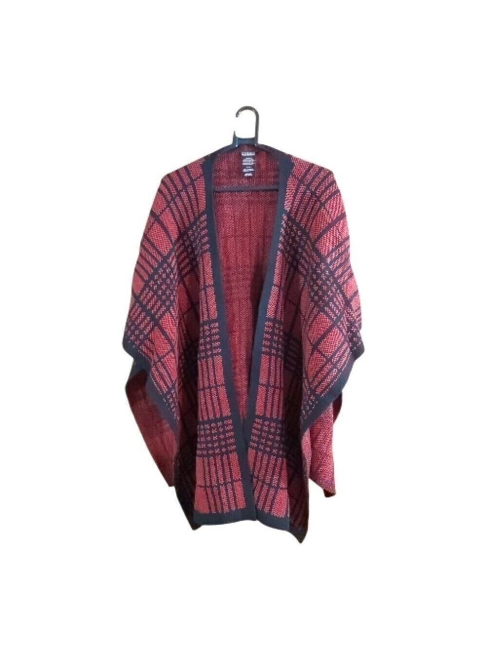 Nicole Miller Knit Cape Cardigan Open Front Plaid Burgundy Black Oversized Wrap